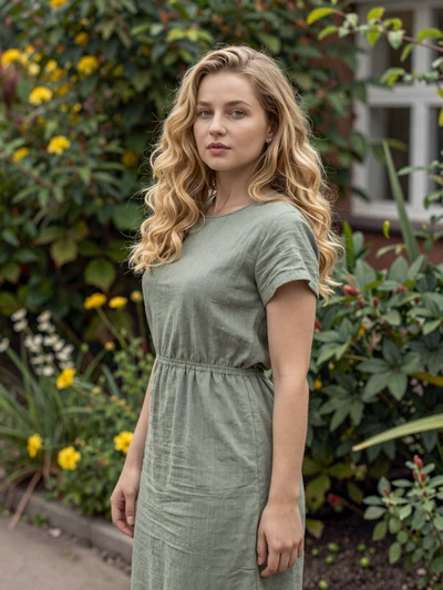 Darya, 31, Belarusian woman in a linen dress surrounded by botanical garden greenery