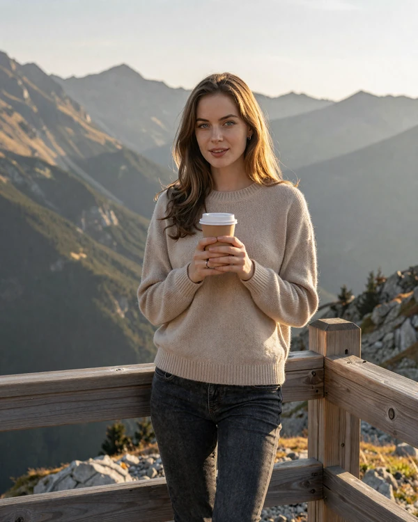 Slovakian woman enjoying coffee with Tatra Mountains panorama - Slovakian women dating combines natural beauty with mountain lifestyle