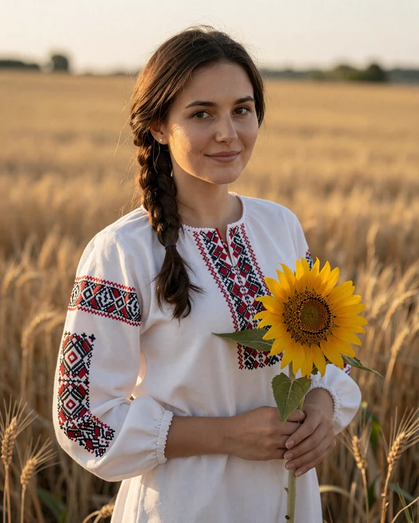 Ukrainian woman wearing traditional vyshyvanka embroidered blouse in a wheat field - Ukrainian dating culture and traditions