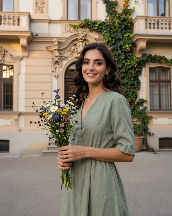 Hungarian woman holding wildflowers in a sunlit Budapest courtyard - Hungarian women dating culture blends passion with European elegance