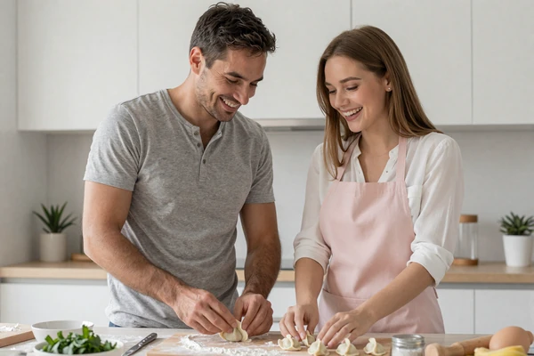 Steven from Denver and Alina from Minsk cooking traditional dumplings together in their home kitchen