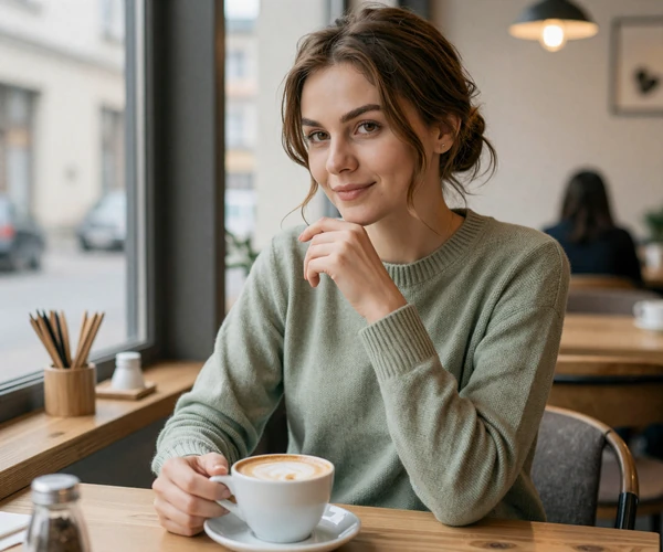 Slavic woman enjoying coffee at a cozy café in Kyiv - real profile on Datingservisebest