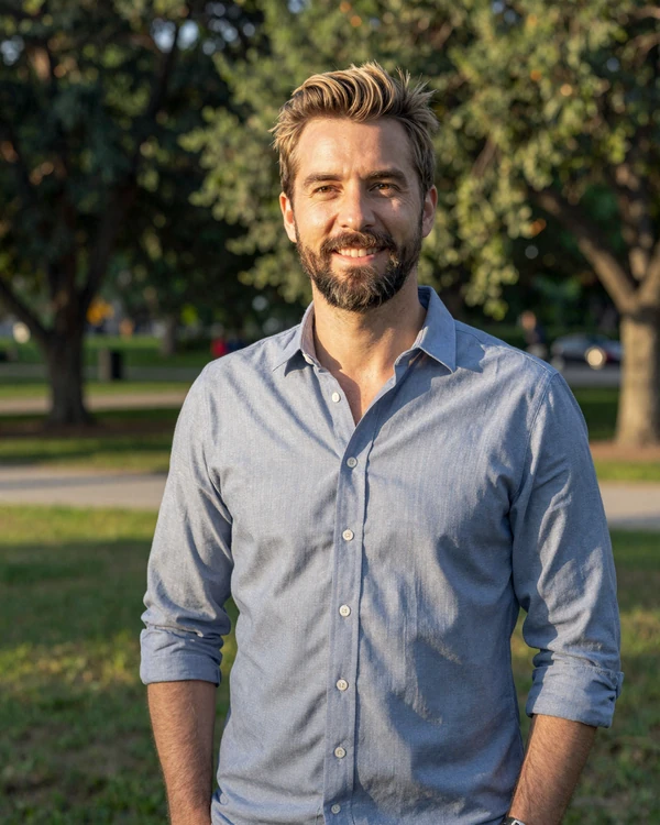 Example of a great dating profile photo - a man smiling naturally outdoors in golden hour light