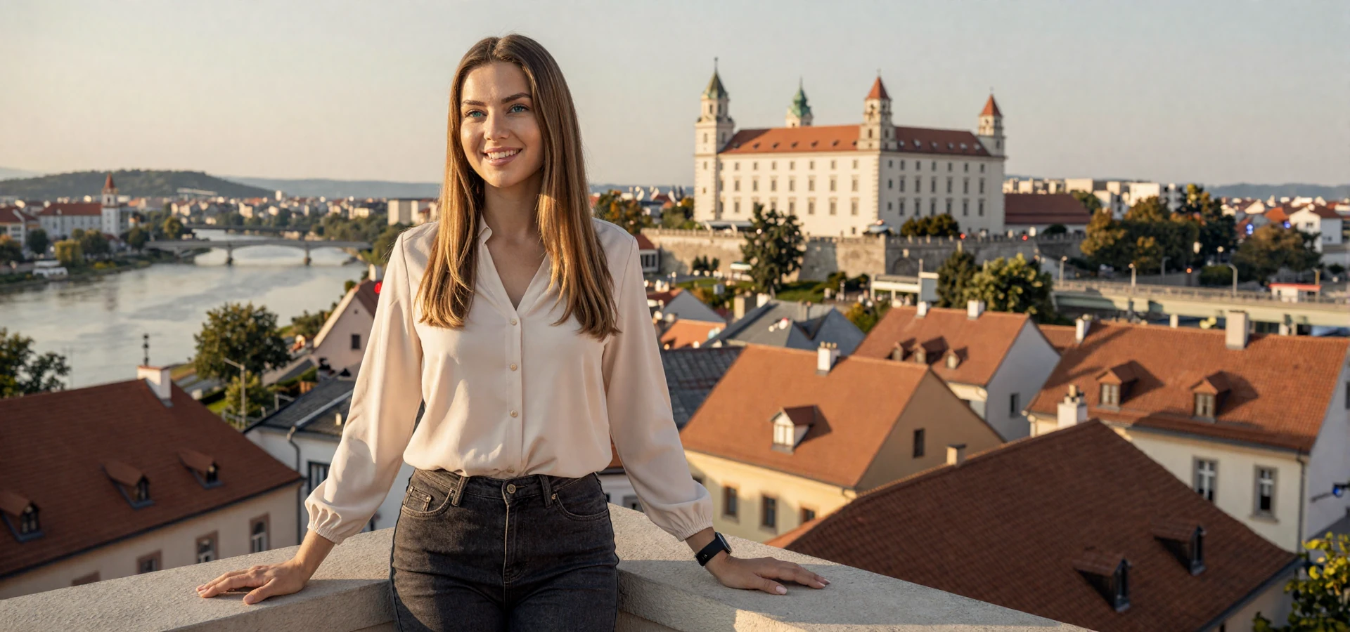 Elegant Slovakian woman standing on a Bratislava terrace overlooking the Danube River - Slovakian women dating on Datingservisebest