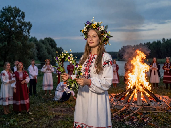 Belarusian woman in traditional embroidered dress holding wildflower wreath during Kupala Night celebration - Belarusian dating culture traditions