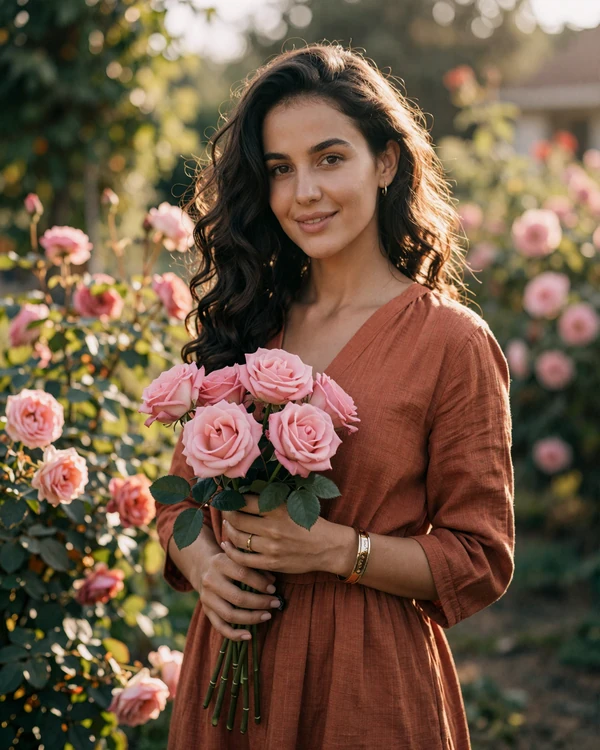 Bulgarian woman holding pink roses in a sunlit garden - Bulgarian women dating culture values natural beauty and warmth