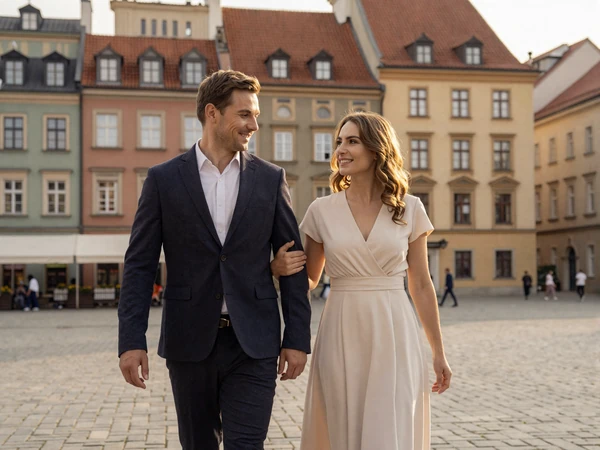 Western man and Polish woman enjoying a romantic walk through a Polish old town - tips for dating Polish women