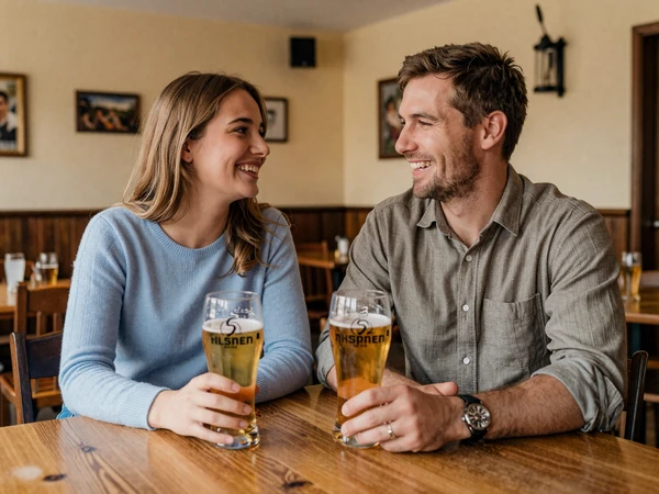 Western man and Czech woman enjoying a traditional Czech pub date over Pilsner beer - tips for dating Czech women