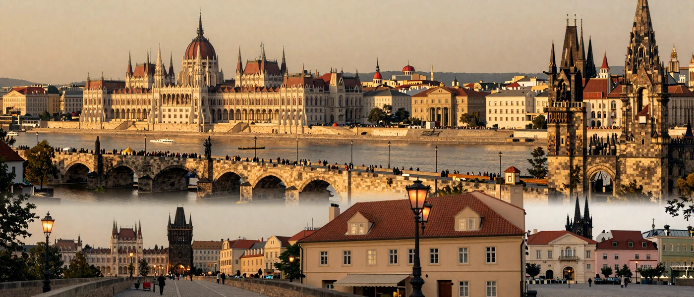 Romantic Eastern European cityscapes at golden hour illustrating dating culture across the region