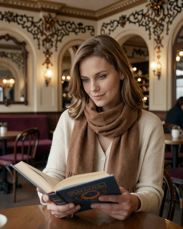 Czech woman reading at an Art Nouveau café in Prague - Czech dating culture values intelligence and independence