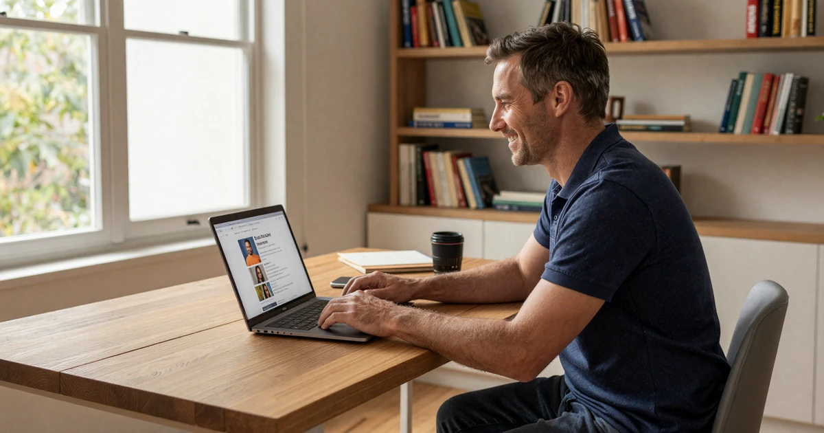 Man using a serious relationship dating site for a video call with a Slavic woman in a cozy home setting