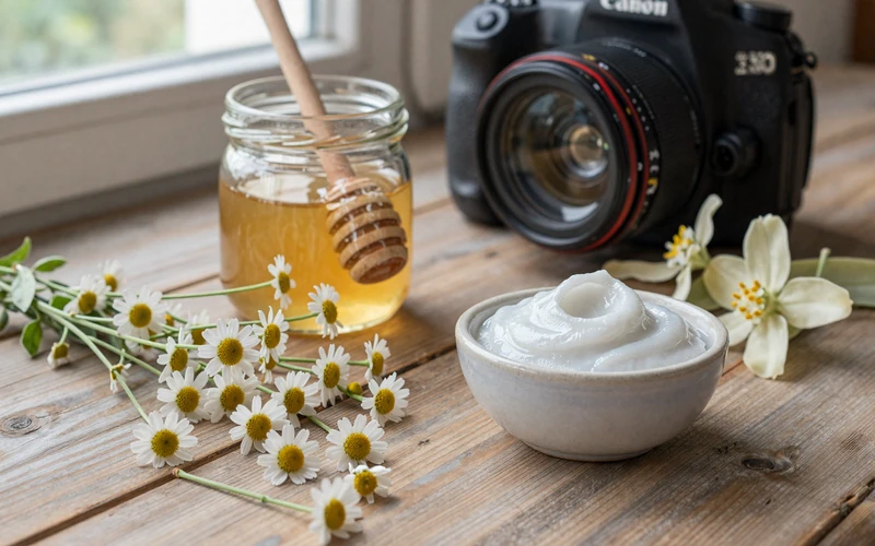Natural Slavic skincare ingredients including chamomile flowers and raw honey on a rustic wooden table