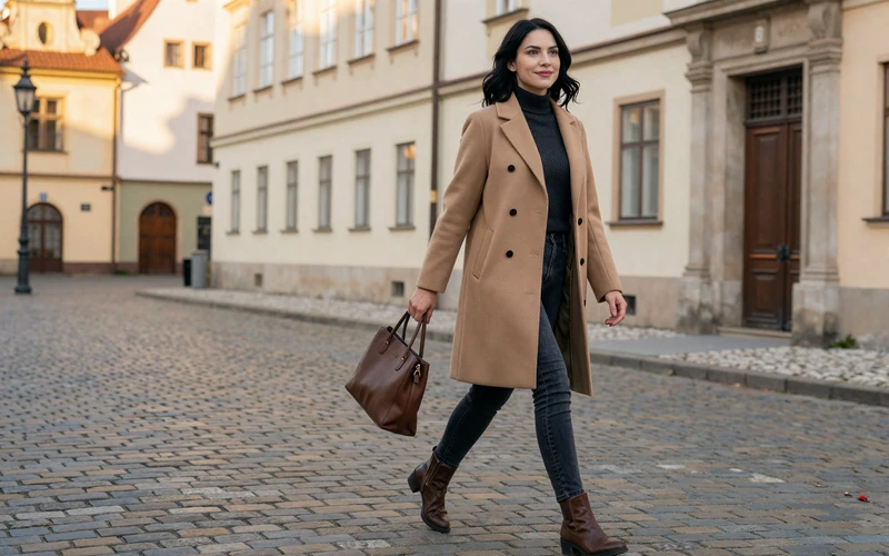 Stylish Slavic woman in tailored coat walking on a cobblestone European street during golden hour