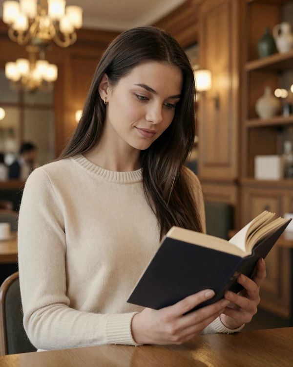 Russian woman reading a book in an elegant café with warm lighting - Russian dating culture values intellect and depth
