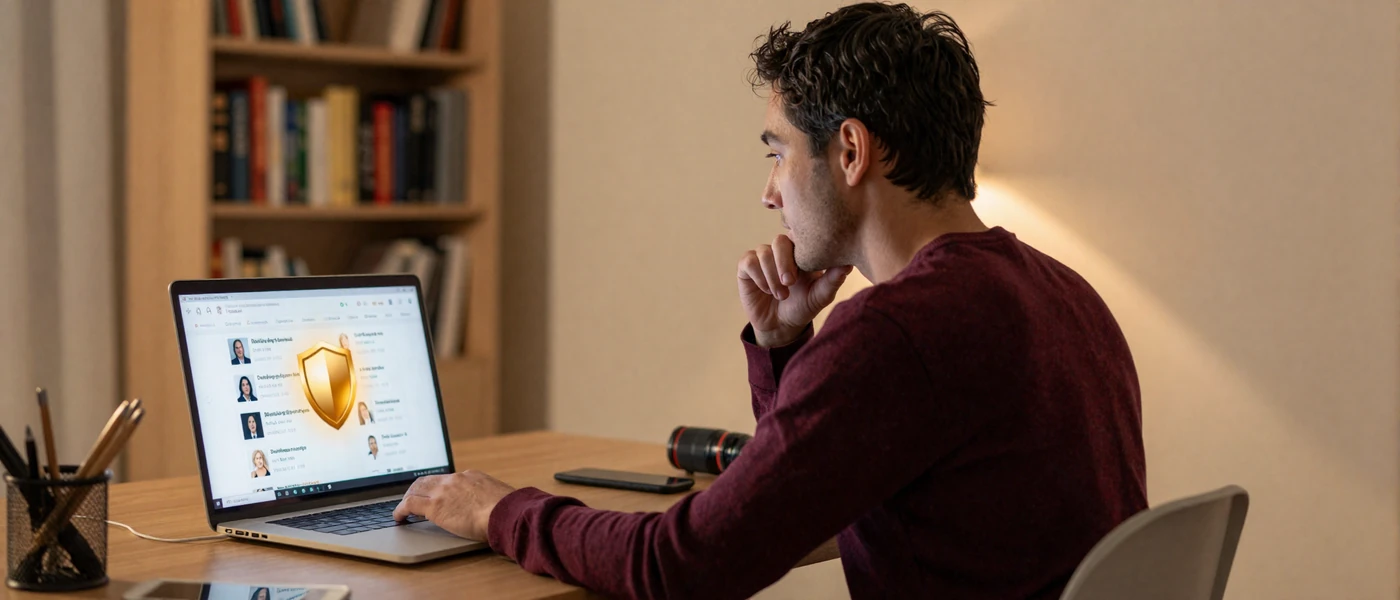 Man reviewing online dating profiles on laptop with safety shield overlay in warm home office setting