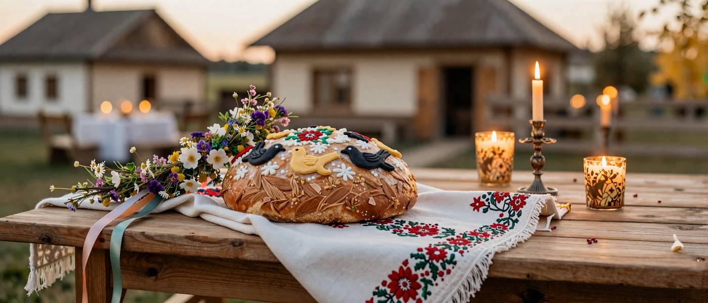 Traditional Slavic wedding table with embroidered rushnyk, korovai bread, and flower crown in warm candlelight