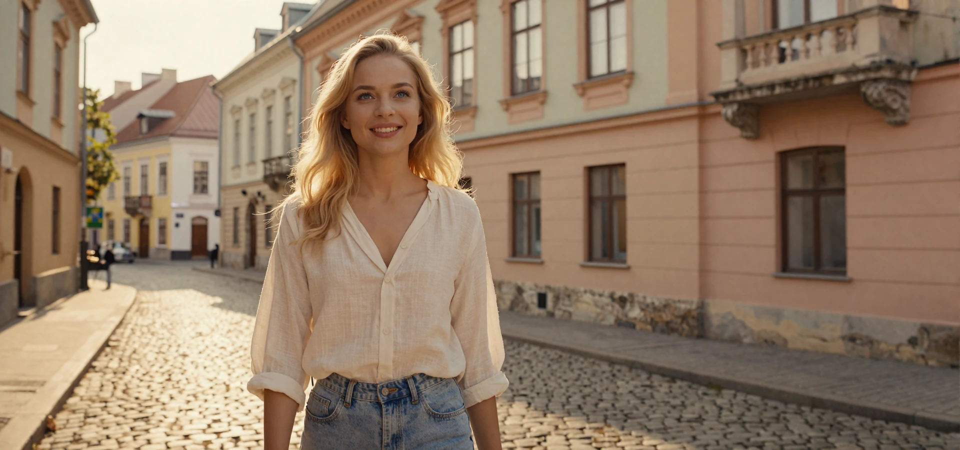 Beautiful Ukrainian woman standing on a historic cobblestone street in Lviv during golden hour - Ukrainian women dating