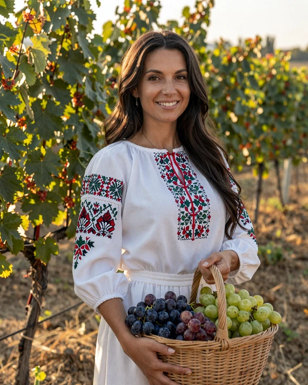 Moldovan woman holding grapes in a sunlit vineyard - Moldovan women dating culture values natural beauty and genuine warmth