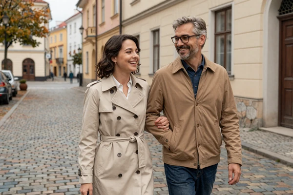 David from California and Katya from Saint Petersburg strolling through a European city together