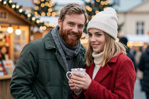 Thomas from Seattle and Petra from Prague at a festive Christmas market in Europe