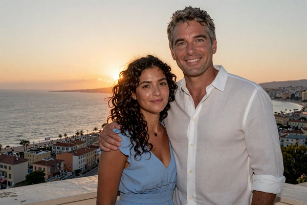 Robert from Florida and Ana from Bucharest enjoying sunset view from a seaside balcony