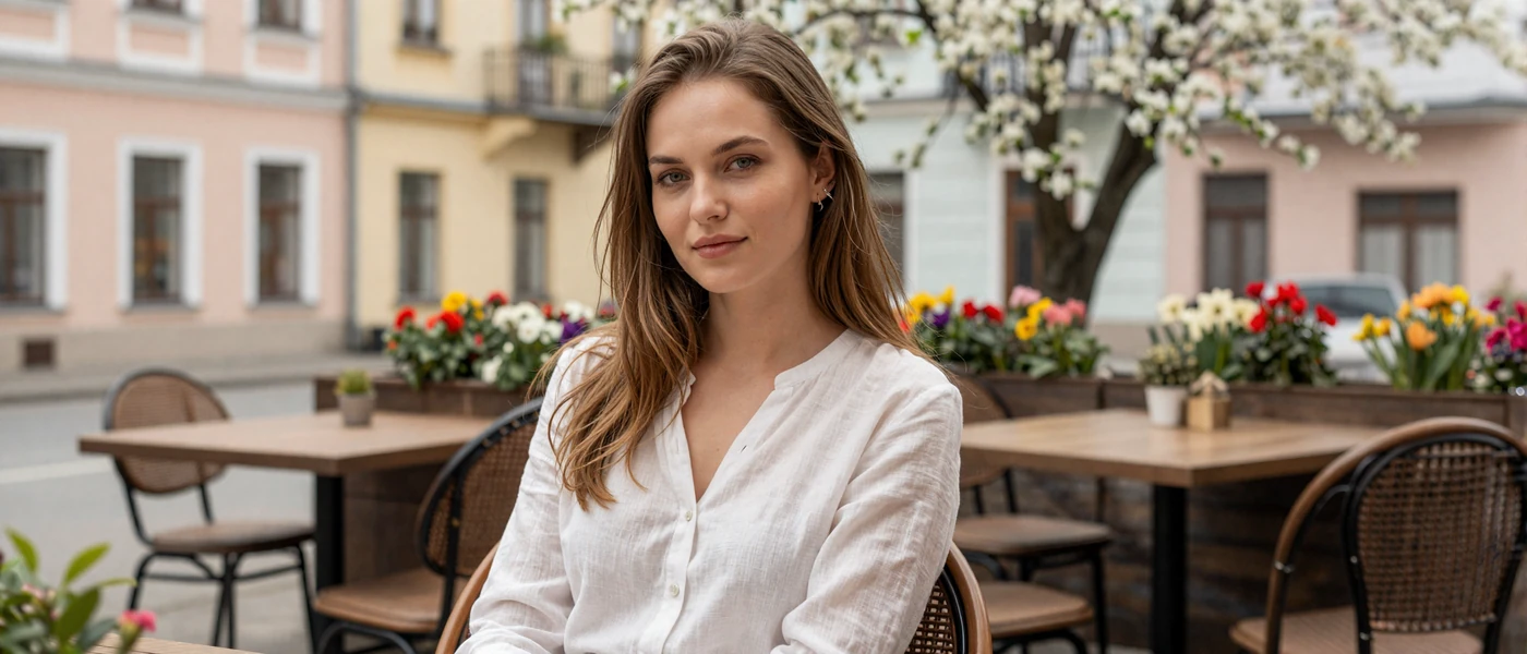 Naturally beautiful Slavic woman with glowing skin sitting at a European cafe in spring sunshine
