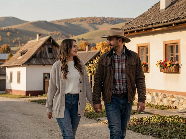 Western man and Romanian woman enjoying a romantic walk through a Transylvanian village - tips for dating Romanian women