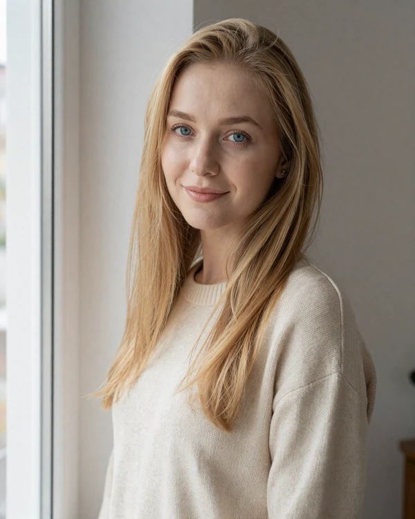 Ukrainian woman with honey-blonde hair and blue eyes demonstrating classic Slavic beauty traits
