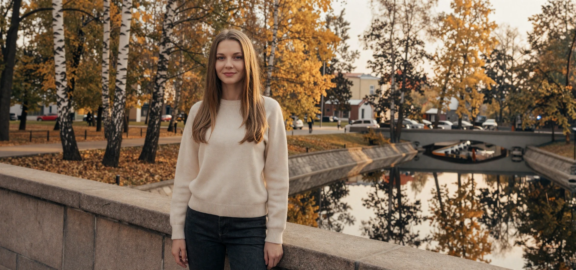 Beautiful Belarusian woman standing on a bridge in a Minsk park with birch trees - Belarusian women dating on Datingservisebest