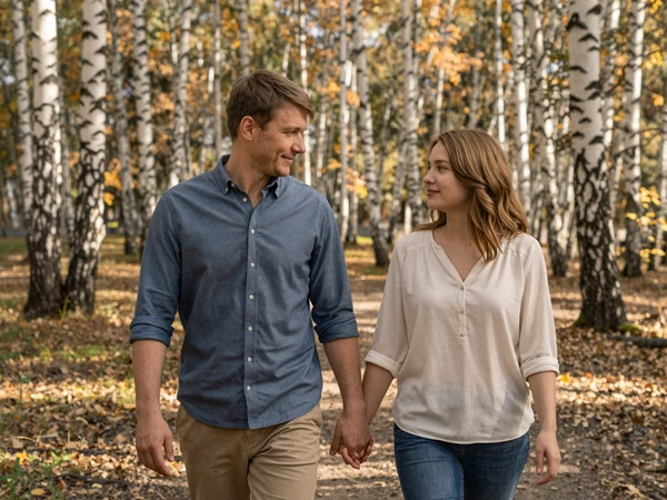 Western man and Belarusian woman walking together in a birch forest - tips for dating Belarusian women