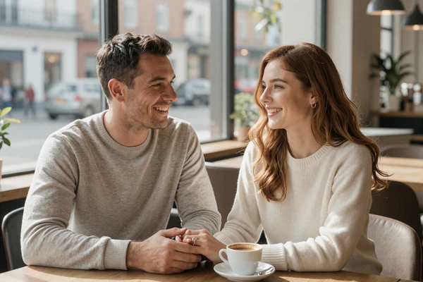 James from Chicago and Marta from Warsaw sharing coffee at a sunlit European cafe