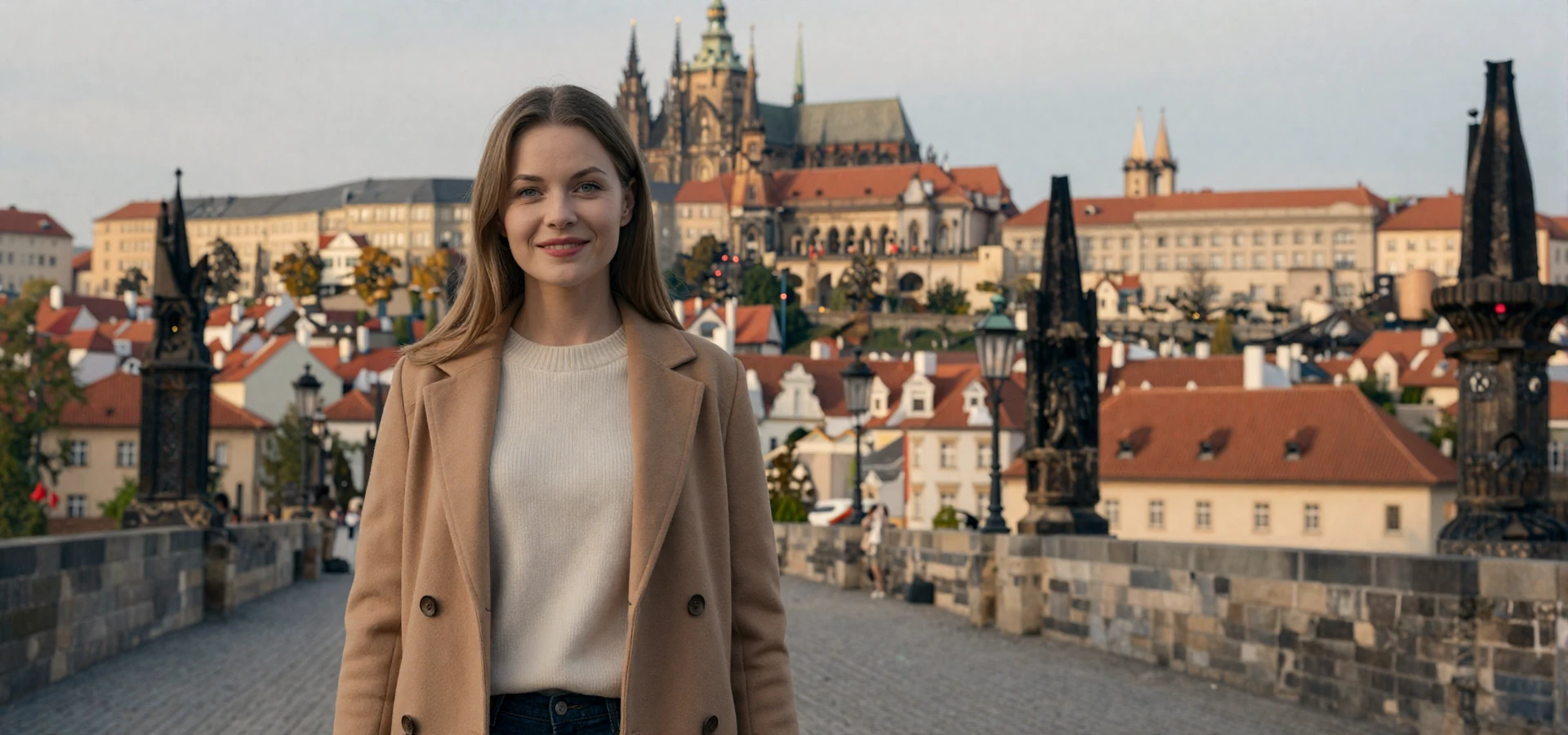 Elegant Czech woman standing on Charles Bridge in Prague at golden hour - Czech women dating on Datingservisebest
