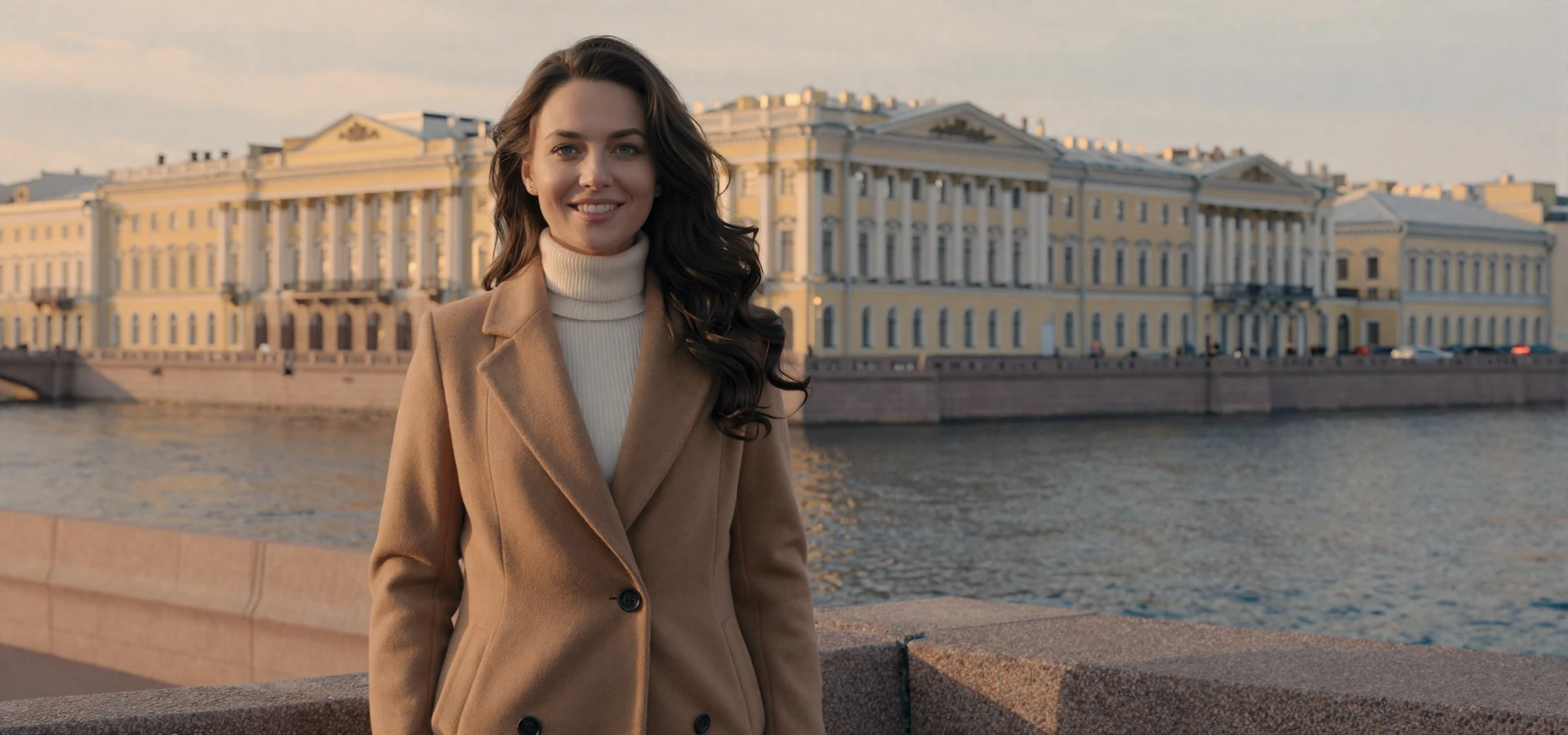 Elegant Russian woman standing on a grand boulevard in St. Petersburg during golden winter light - Russian women dating