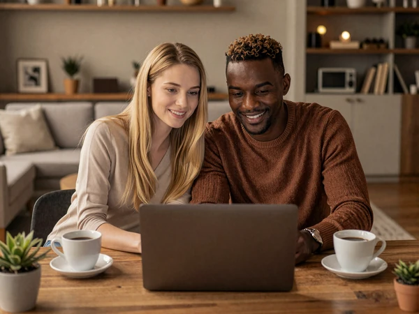 Western man and Ukrainian woman chatting on a laptop - tips for successful online dating with Ukrainian singles