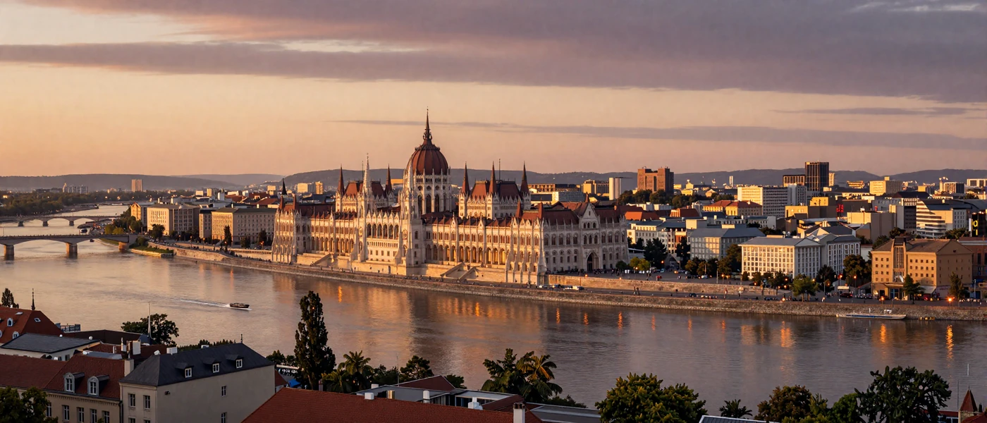 European cityscape at sunset representing the world of European dating sites and international romance